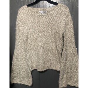Anthropologie Metallic Silver Gold Bell-Sleeve Ivory Sweater festive chic boho S